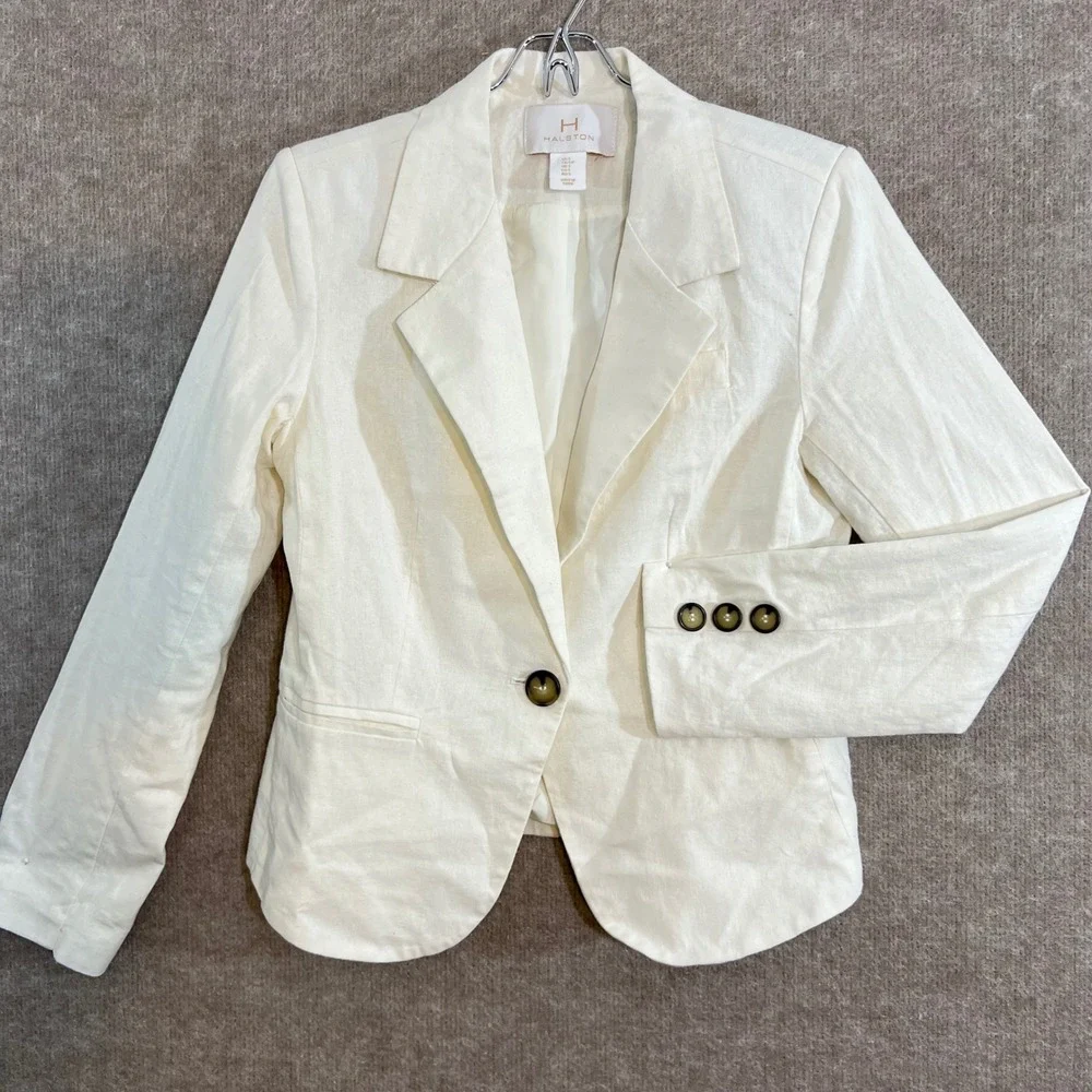 Halston Blazer Jacket Womens Size S White Linen Blend Single Button Professional